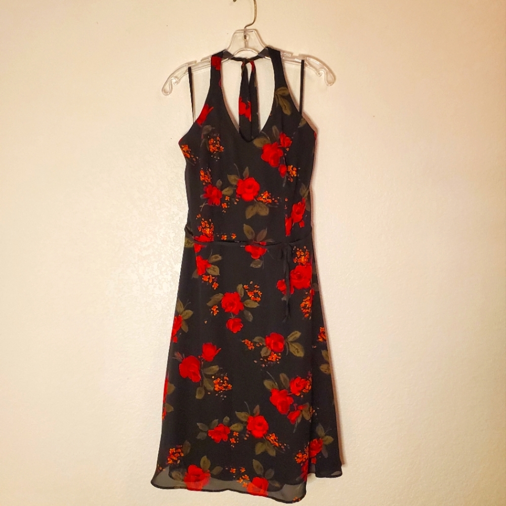 R & K Originals floral halter dress, black with red roses, size 8
